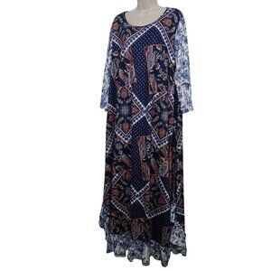 Nuggles Paisley Print Boho Maxi Dress Modest Navy Blue Women Size 2X 3/4 Sleeve